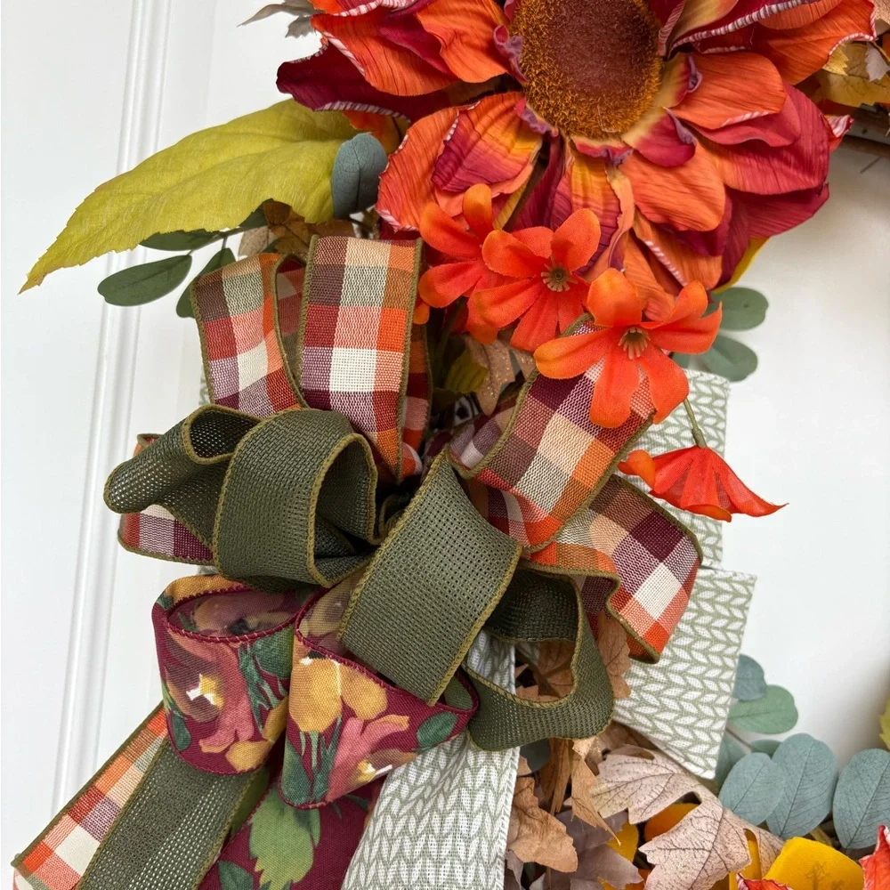 Autumn Harvest Wreath with Sunflowers and Plaid Ribbon